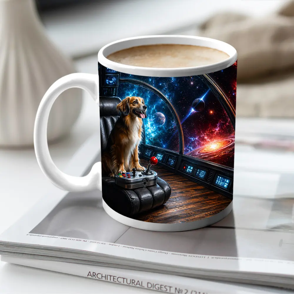Golden Dog Piloting Spaceship Through Galaxy – Mugs