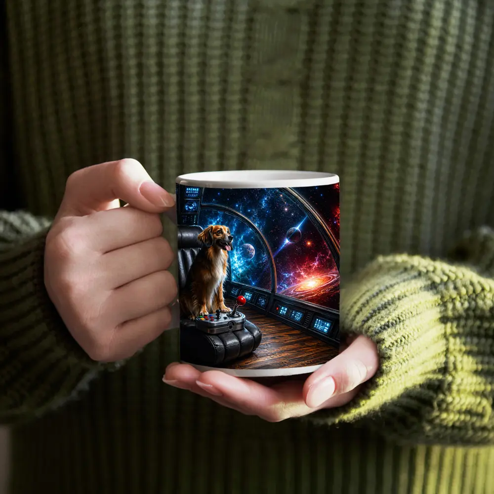Golden Dog Piloting Spaceship Through Galaxy – Mugs