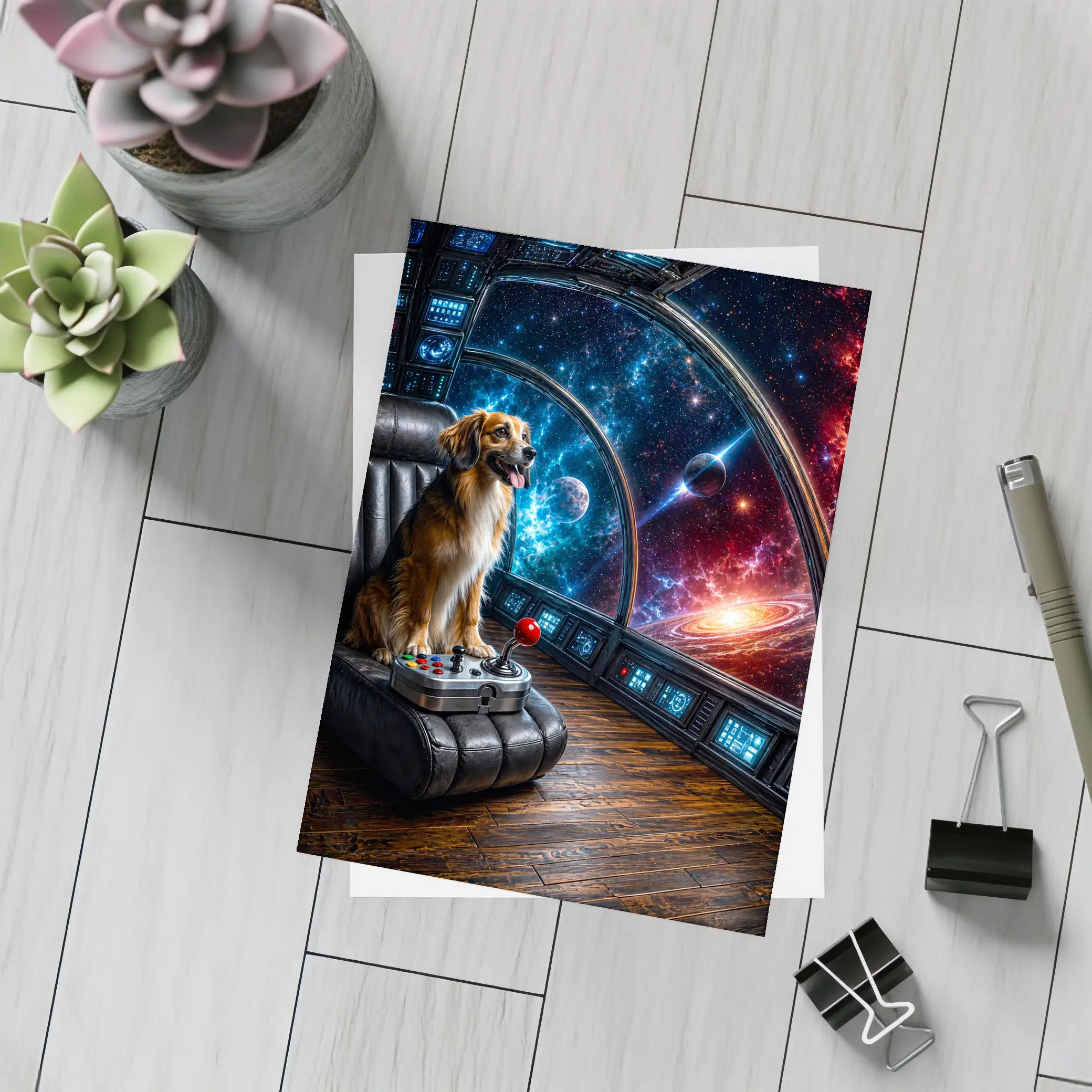 Golden Dog Piloting Spaceship Through Galaxy – Postcards