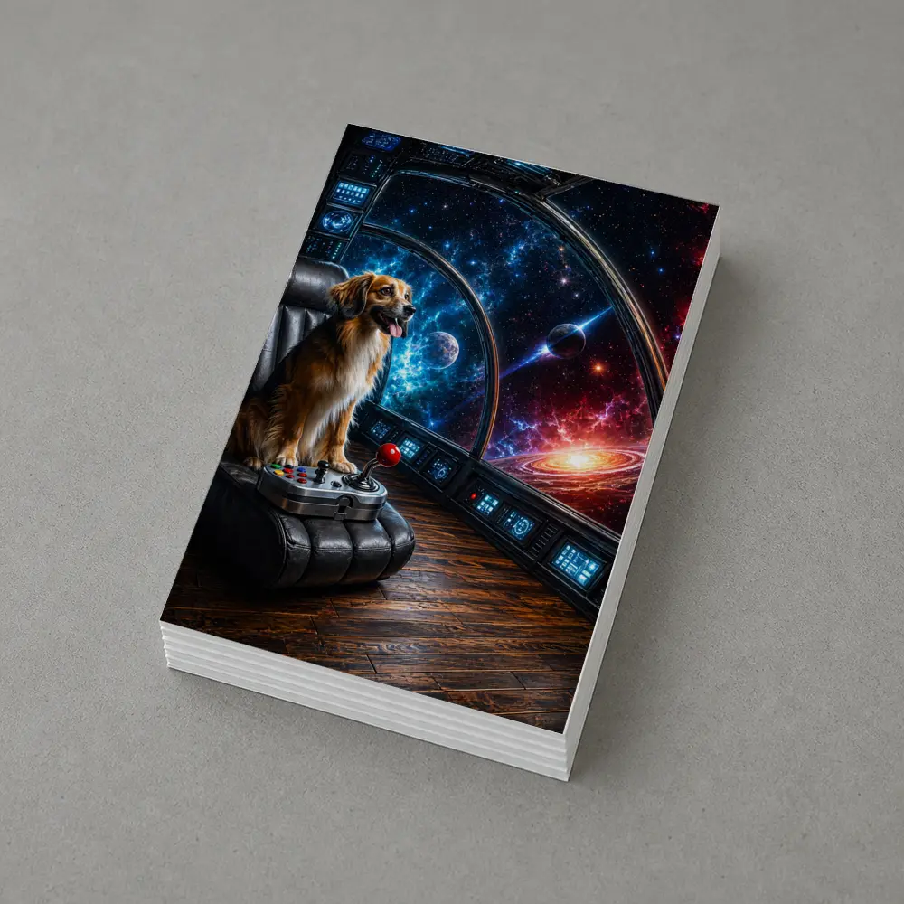 Golden Dog Piloting Spaceship Through Galaxy – Postcards