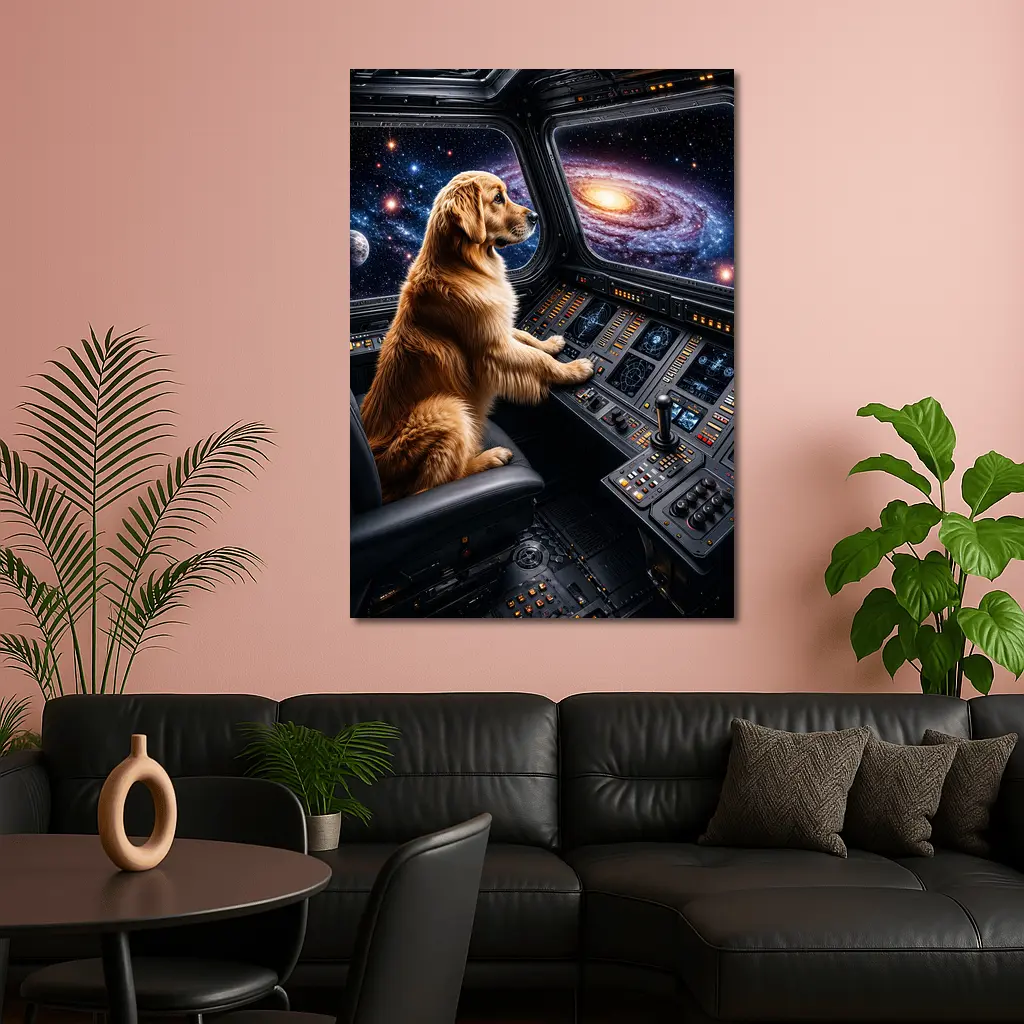 Golden Retriever Pilot Flying Through Galaxy – Wall Art