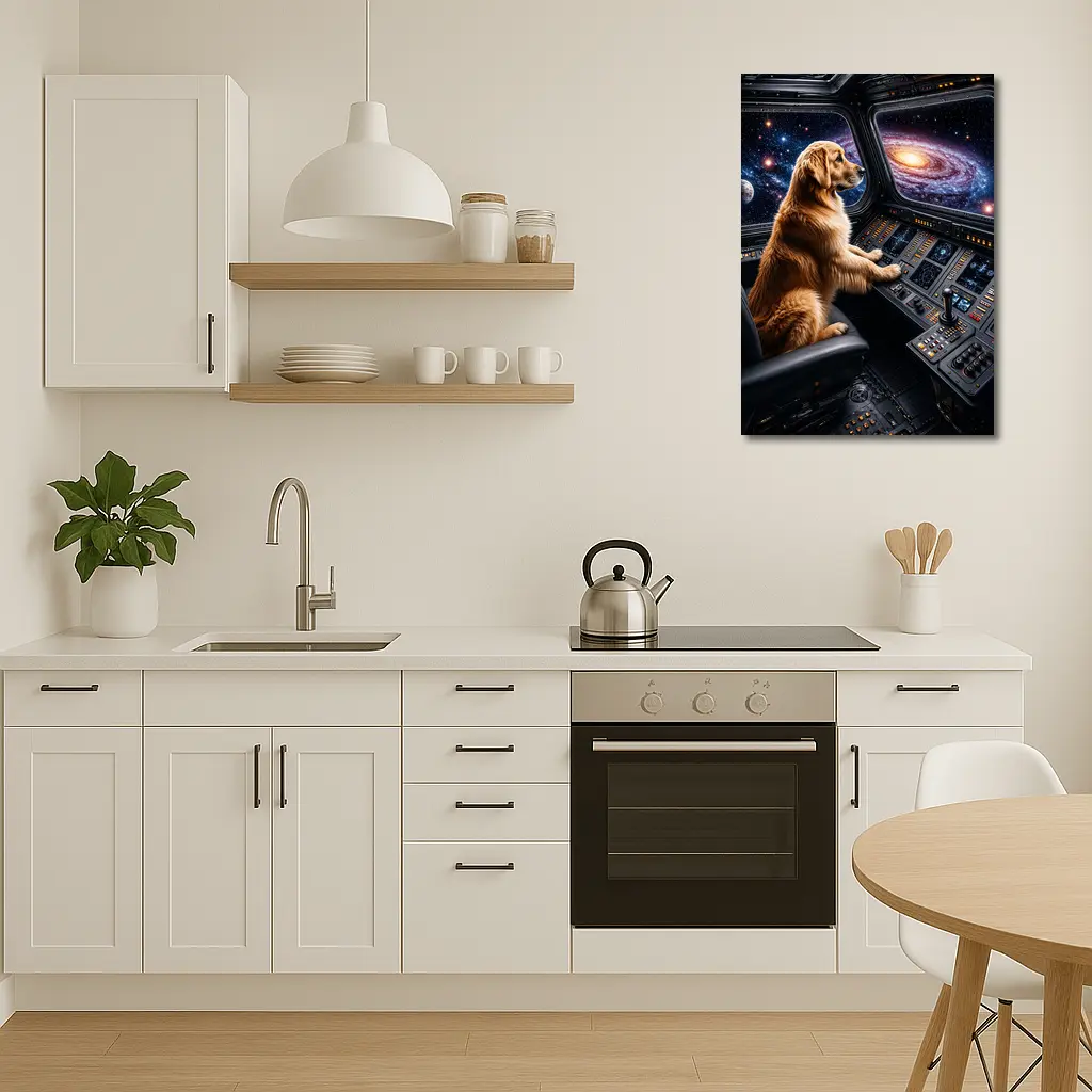 Golden Retriever Pilot Flying Through Galaxy – Wall Art
