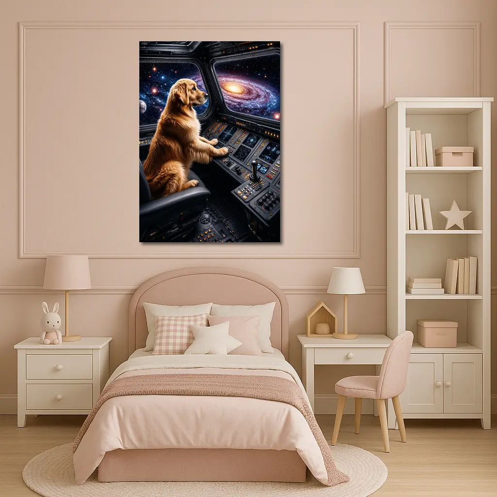 Golden Retriever Pilot Flying Through Galaxy – Wall Art