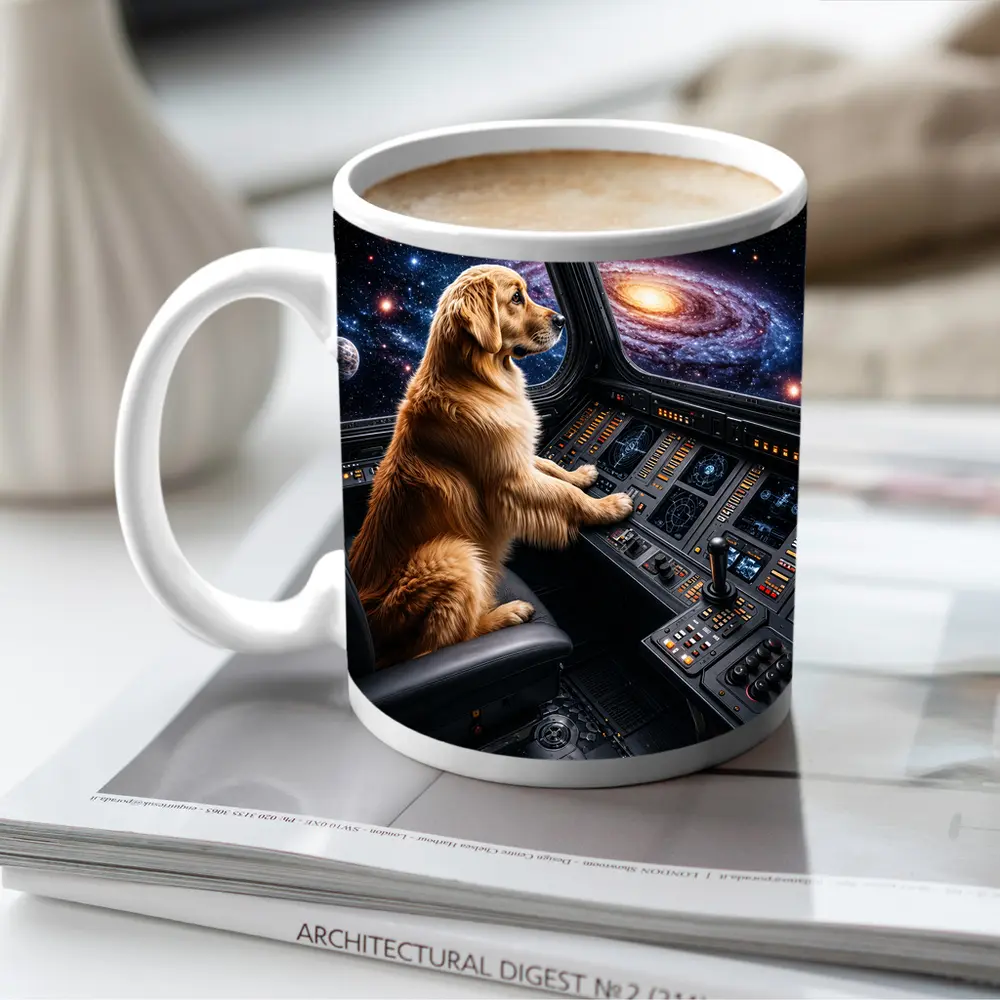 Golden Retriever Pilot Flying Through Galaxy – Mugs