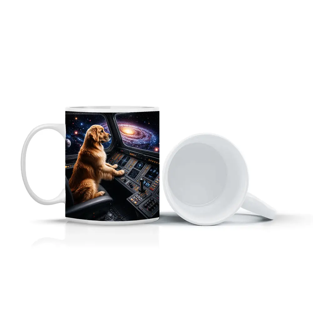 Golden Retriever Pilot Flying Through Galaxy – Mugs