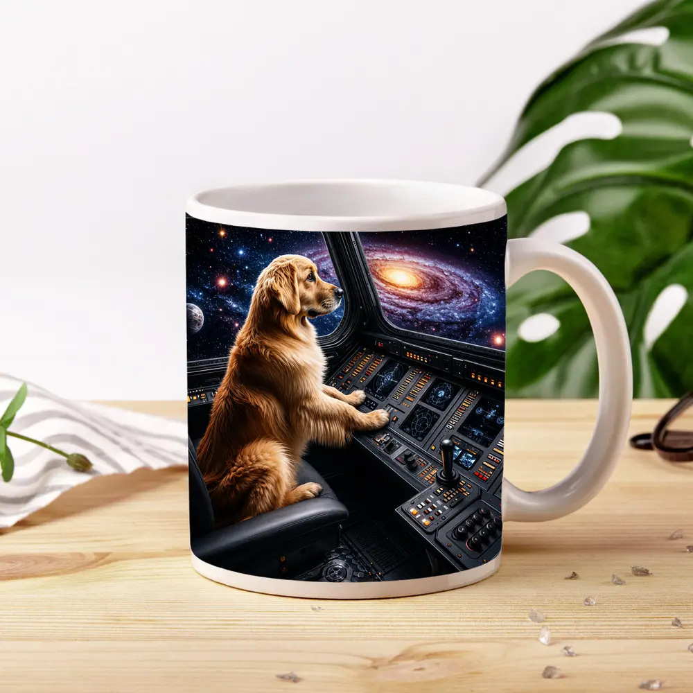 Golden Retriever Pilot Flying Through Galaxy – Mugs
