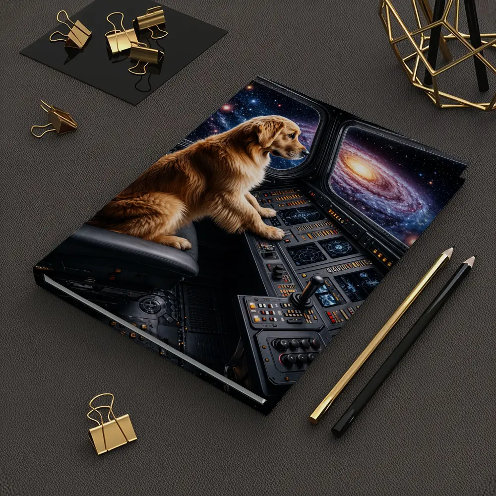 Golden Retriever Pilot Flying Through Galaxy – Notebooks