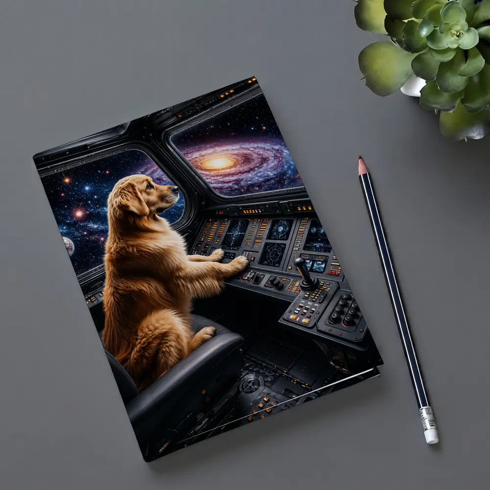 Golden Retriever Pilot Flying Through Galaxy – Notebooks