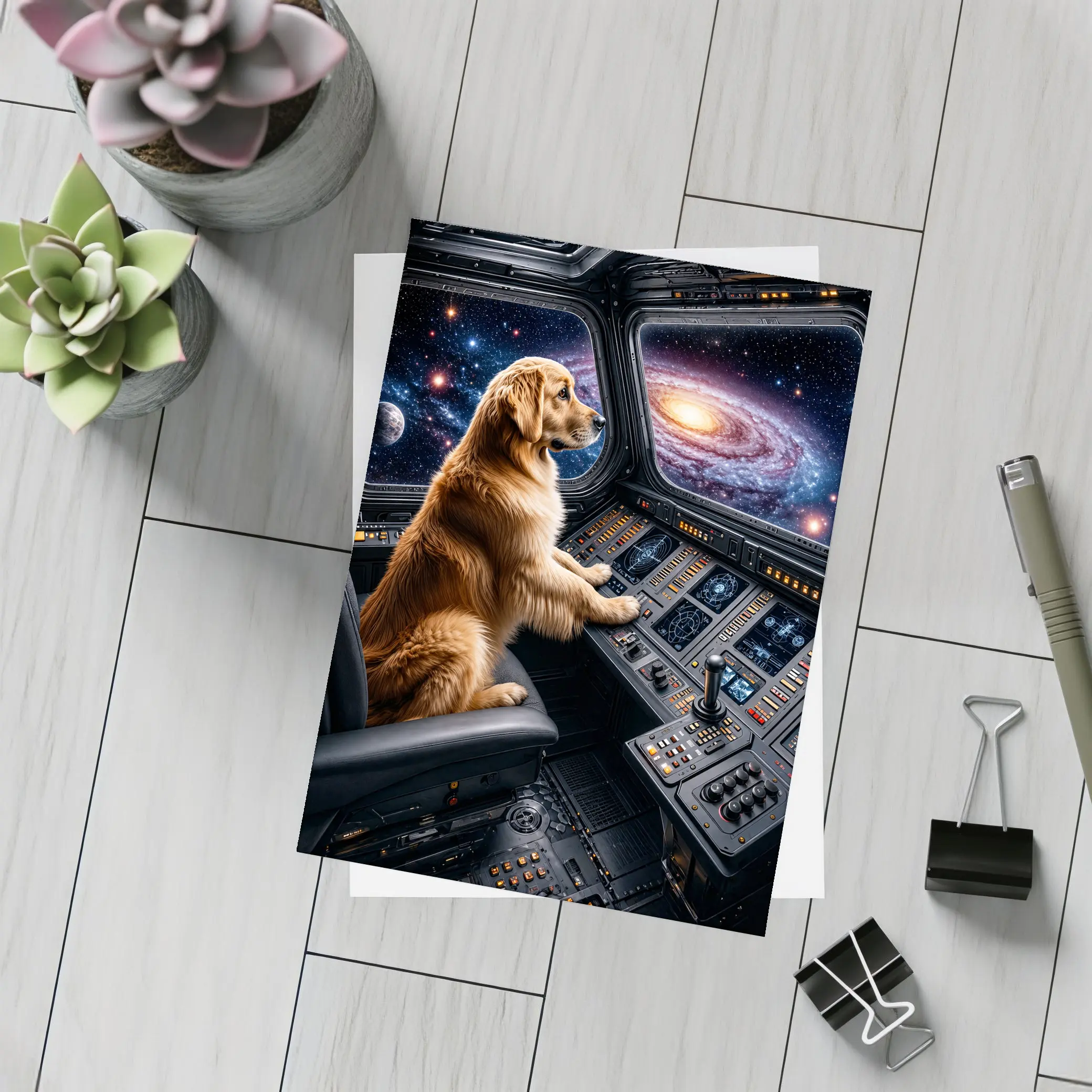 Golden Retriever Pilot Flying Through Galaxy – Postcards
