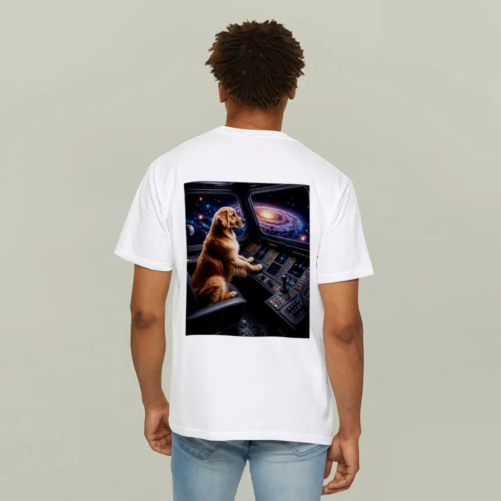 Golden Retriever Pilot Flying Through Galaxy – T-Shirts