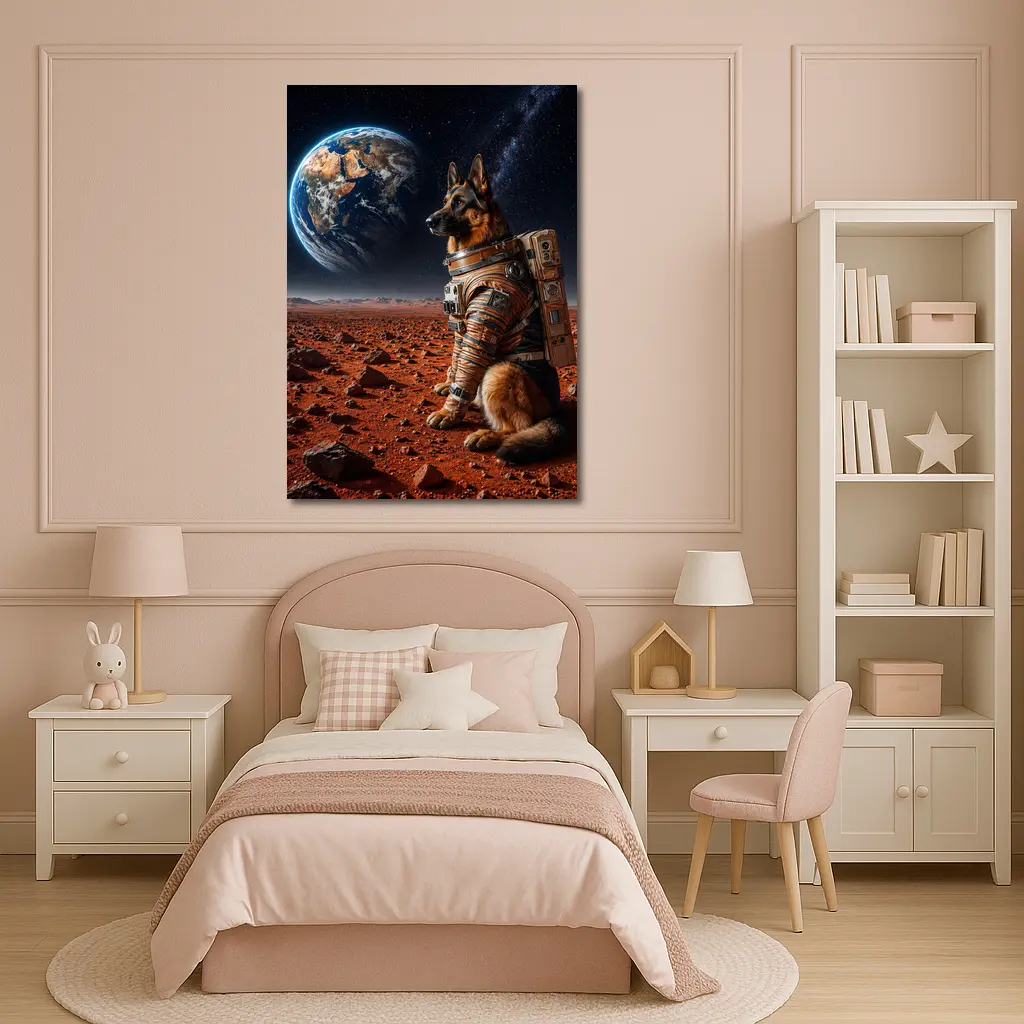 German Shepherd Astronaut on Mars Earth View – Wall Art