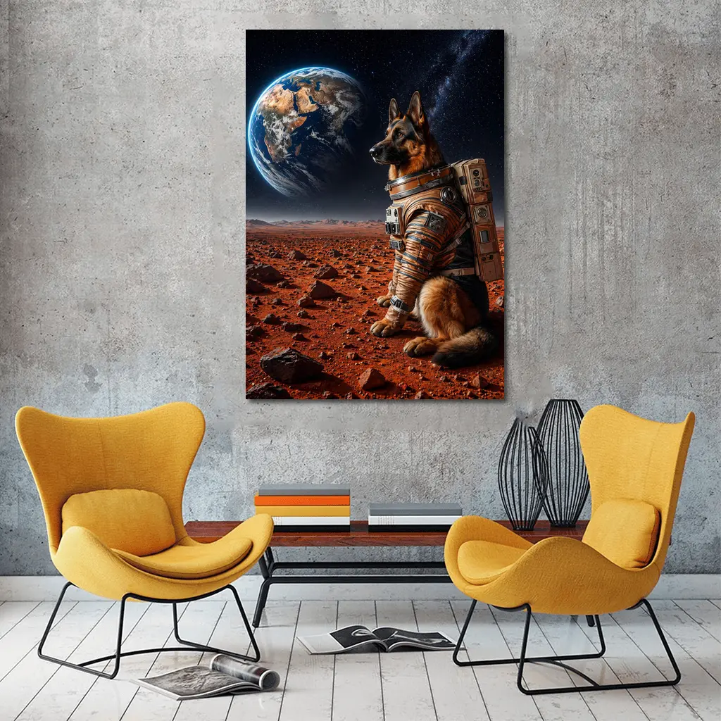 German Shepherd Astronaut on Mars Earth View – Wall Art