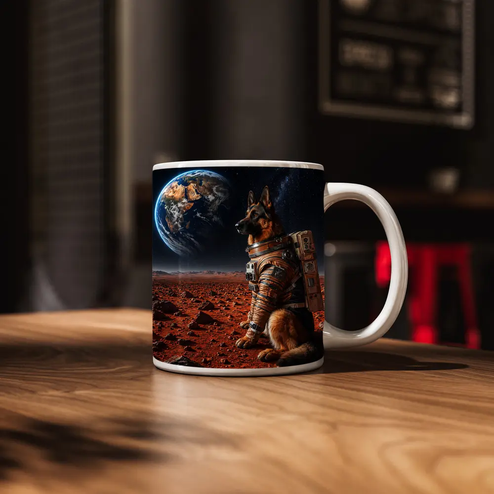 German Shepherd Astronaut on Mars Earth View – Mugs