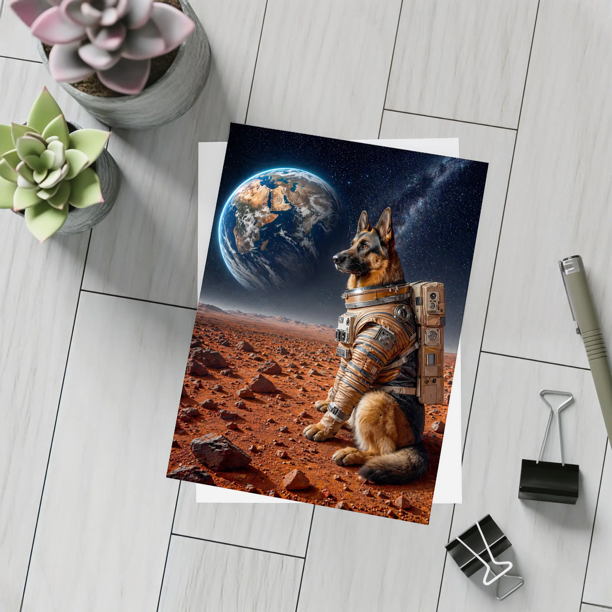 German Shepherd Astronaut on Mars Earth View – Postcards