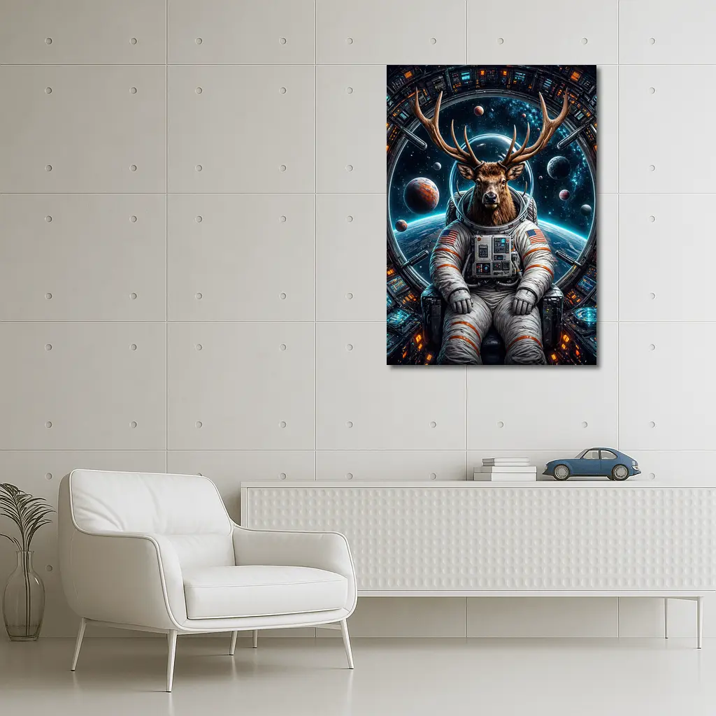 Deer Astronaut Sitting in Space Station – Wall Art