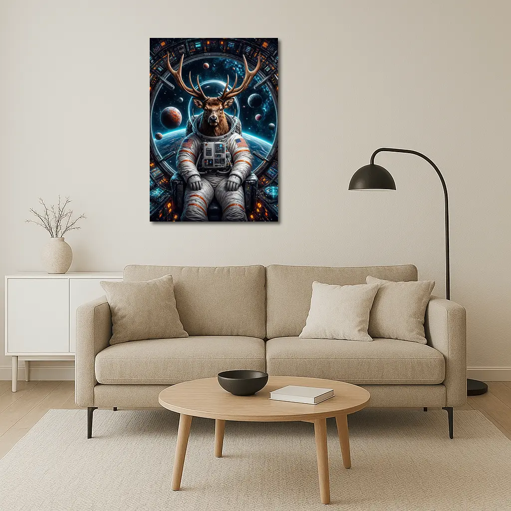Deer Astronaut Sitting in Space Station – Wall Art