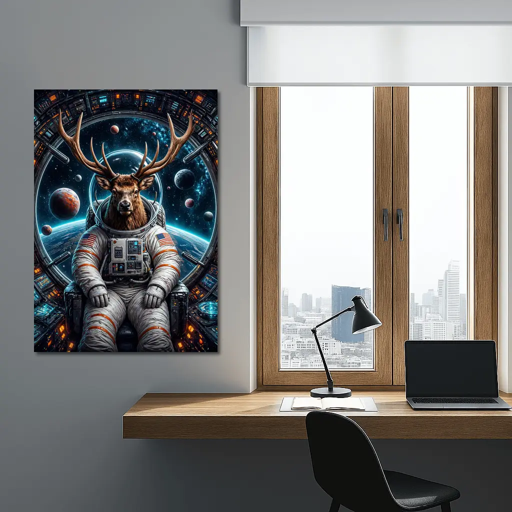Deer Astronaut Sitting in Space Station – Wall Art