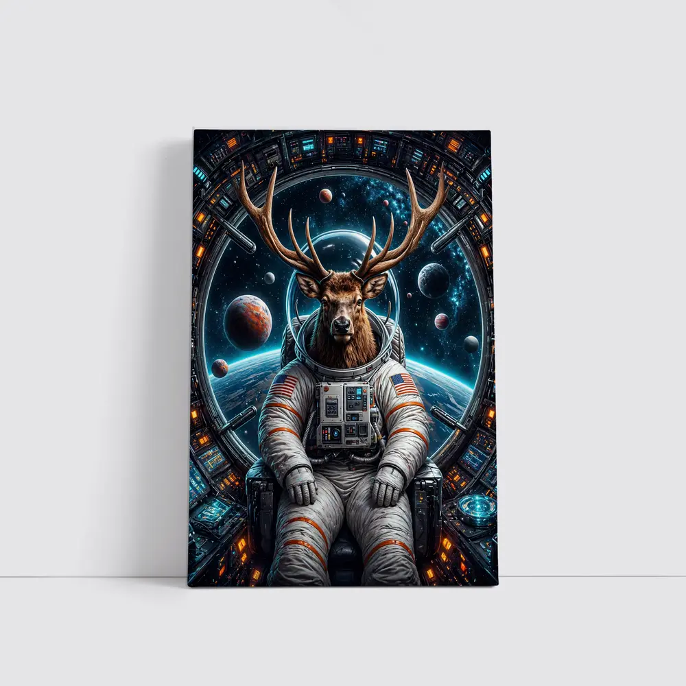 Deer Astronaut Sitting in Space Station – Wall Art