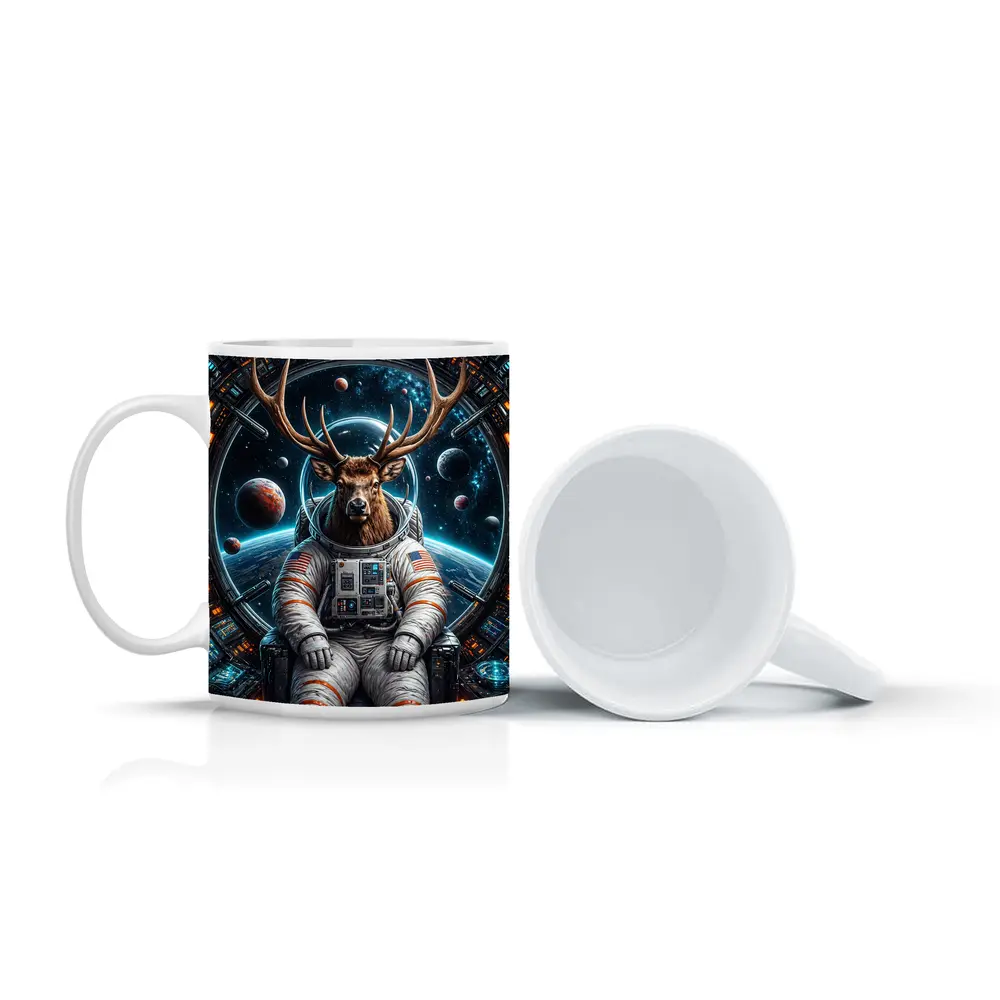 Deer Astronaut Sitting in Space Station – Mugs