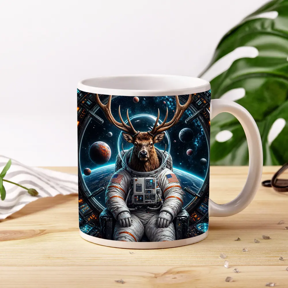 Deer Astronaut Sitting in Space Station – Mugs