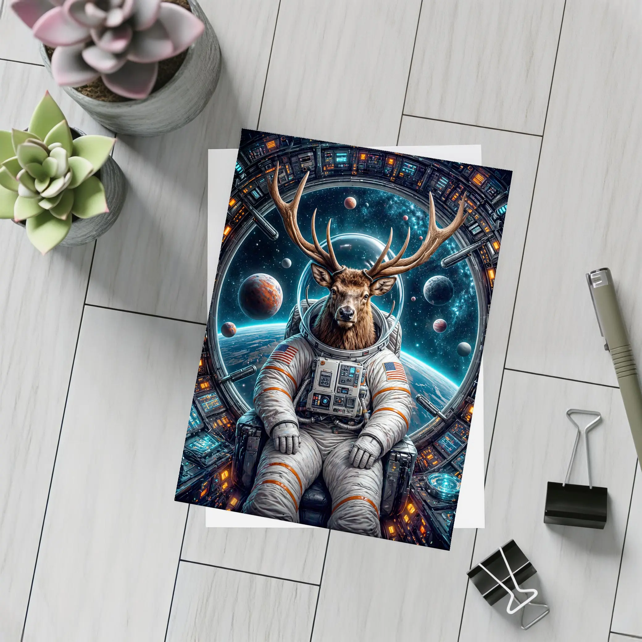 Deer Astronaut Sitting in Space Station – Postcards