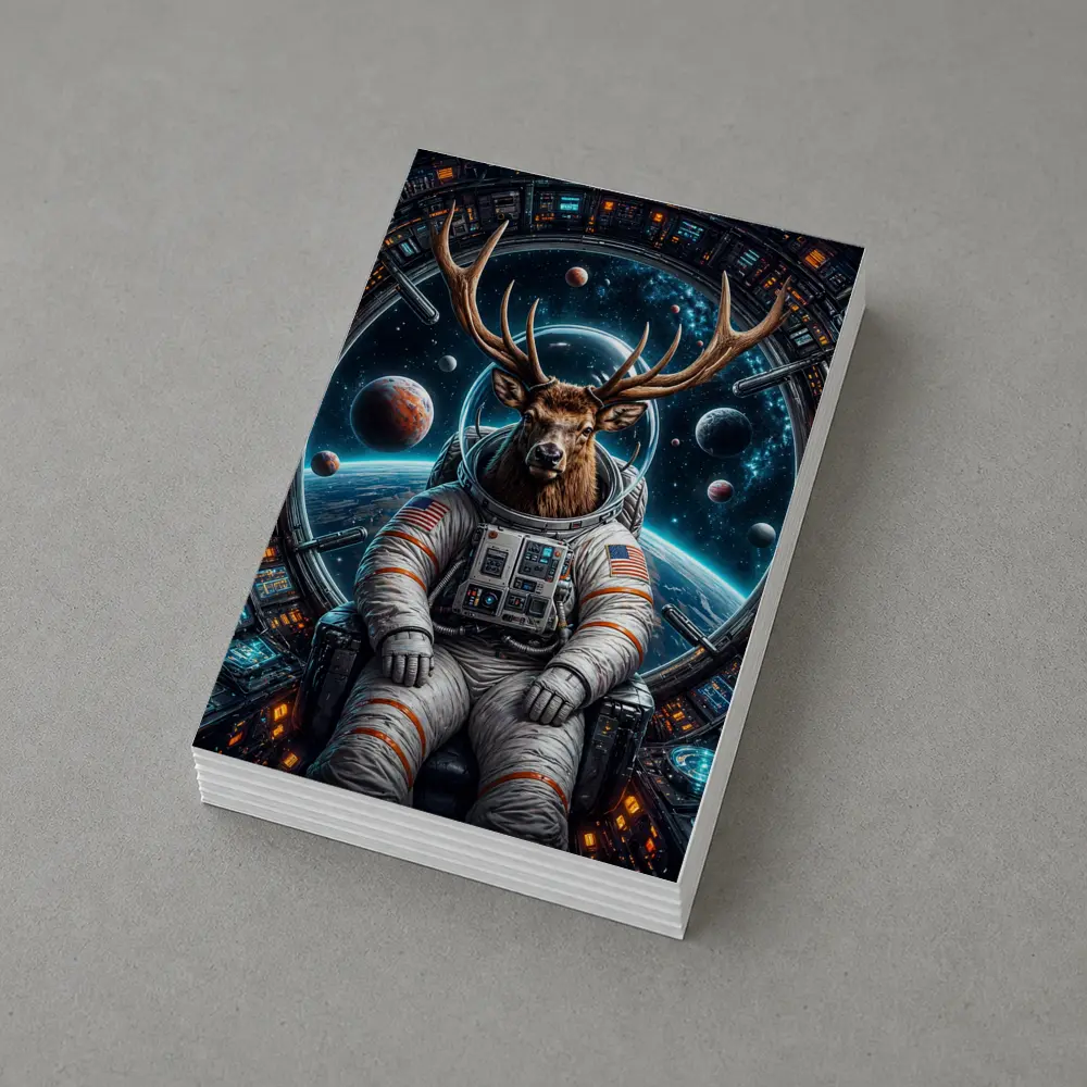 Deer Astronaut Sitting in Space Station – Postcards