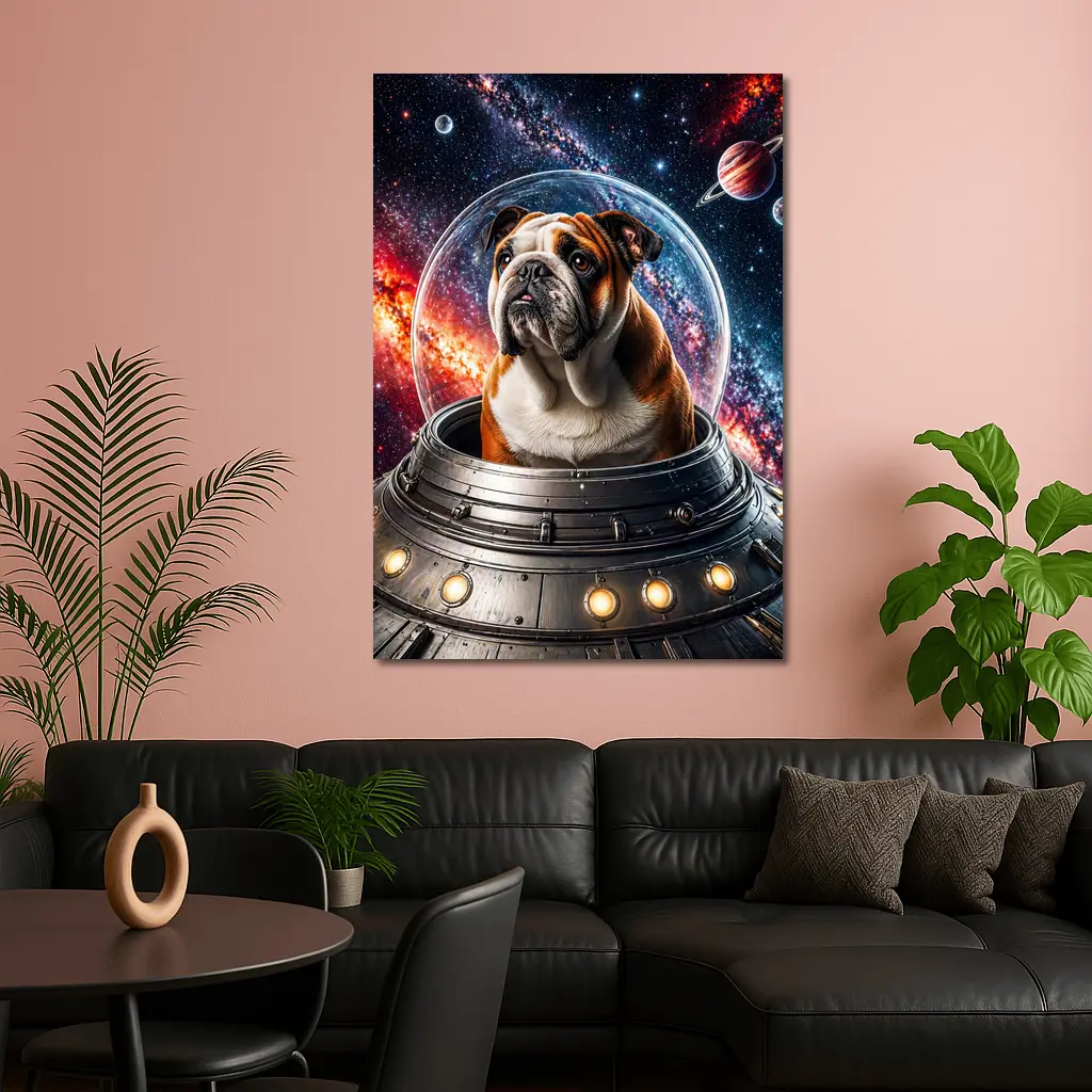 English Bulldog Astronaut Flying Through Galaxy – Wall Art