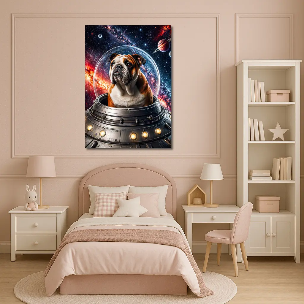 English Bulldog Astronaut Flying Through Galaxy – Wall Art