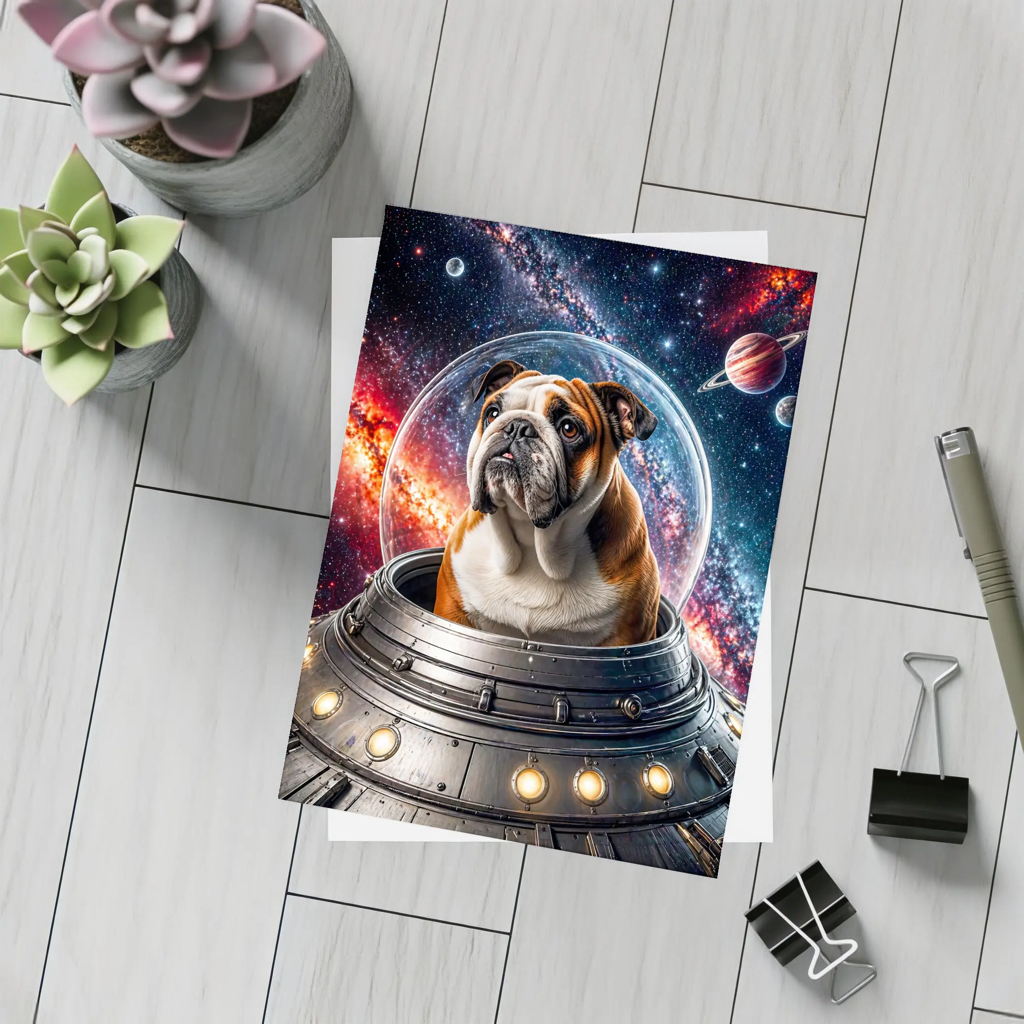 English Bulldog Astronaut Flying Through Galaxy – Postcards