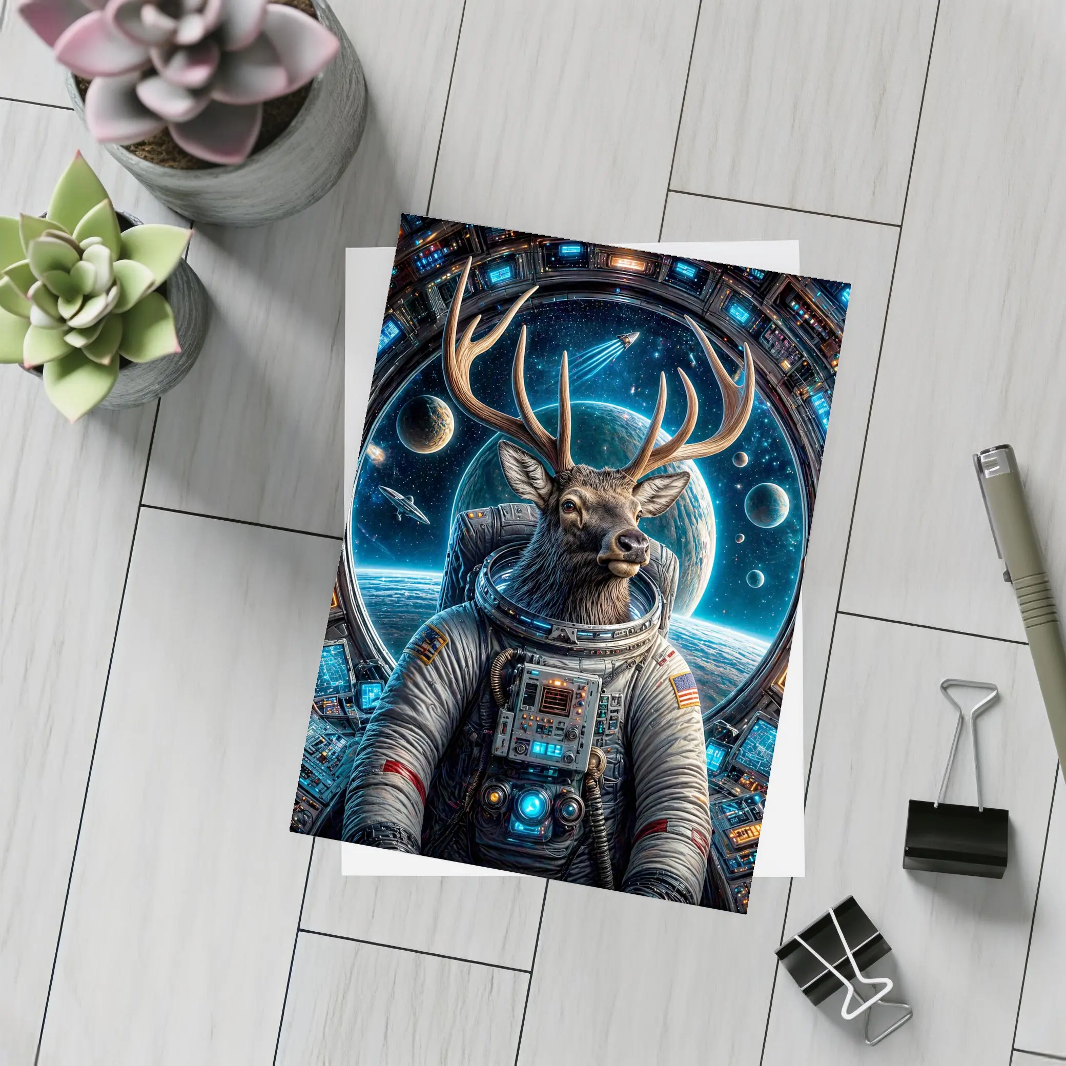 Deer Astronaut Space Station Universe Art – Postcards