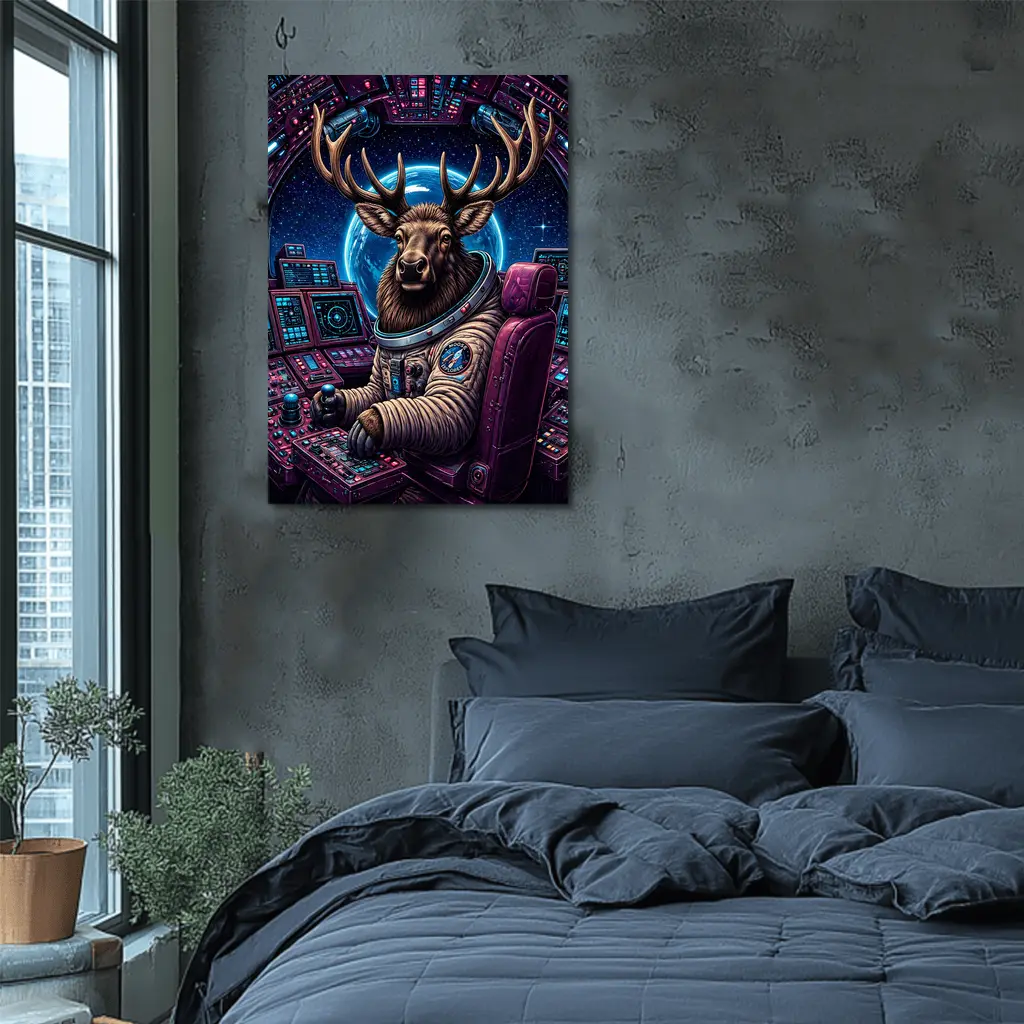 Moose Astronaut Piloting Spaceship In Space – Wall Art