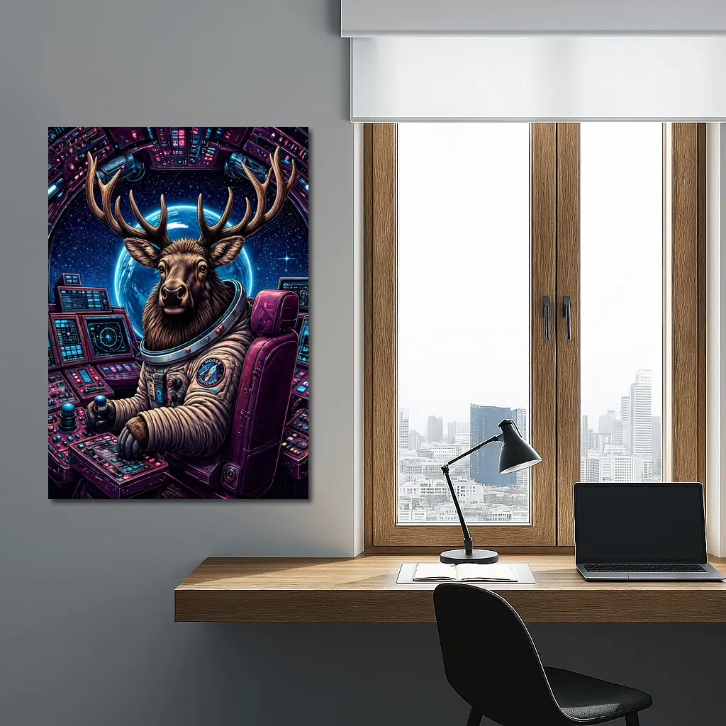 Moose Astronaut Piloting Spaceship In Space – Wall Art