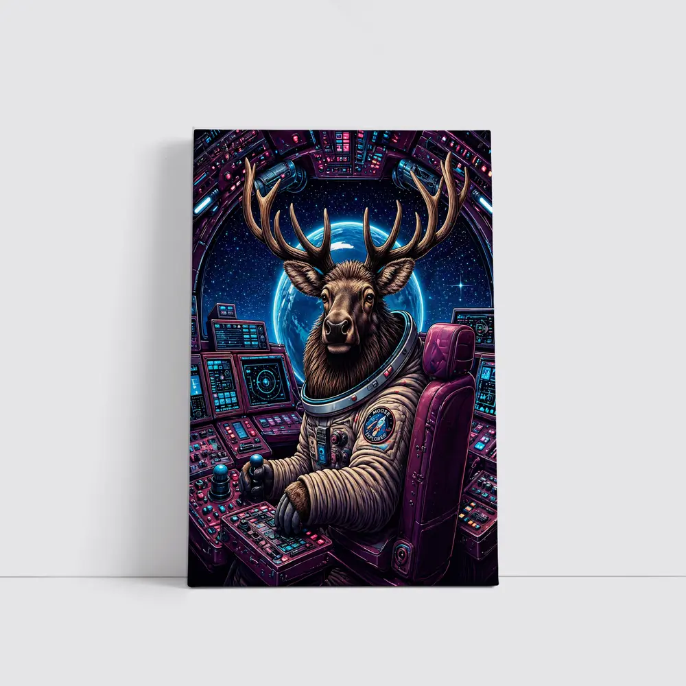 Moose Astronaut Piloting Spaceship In Space – Wall Art