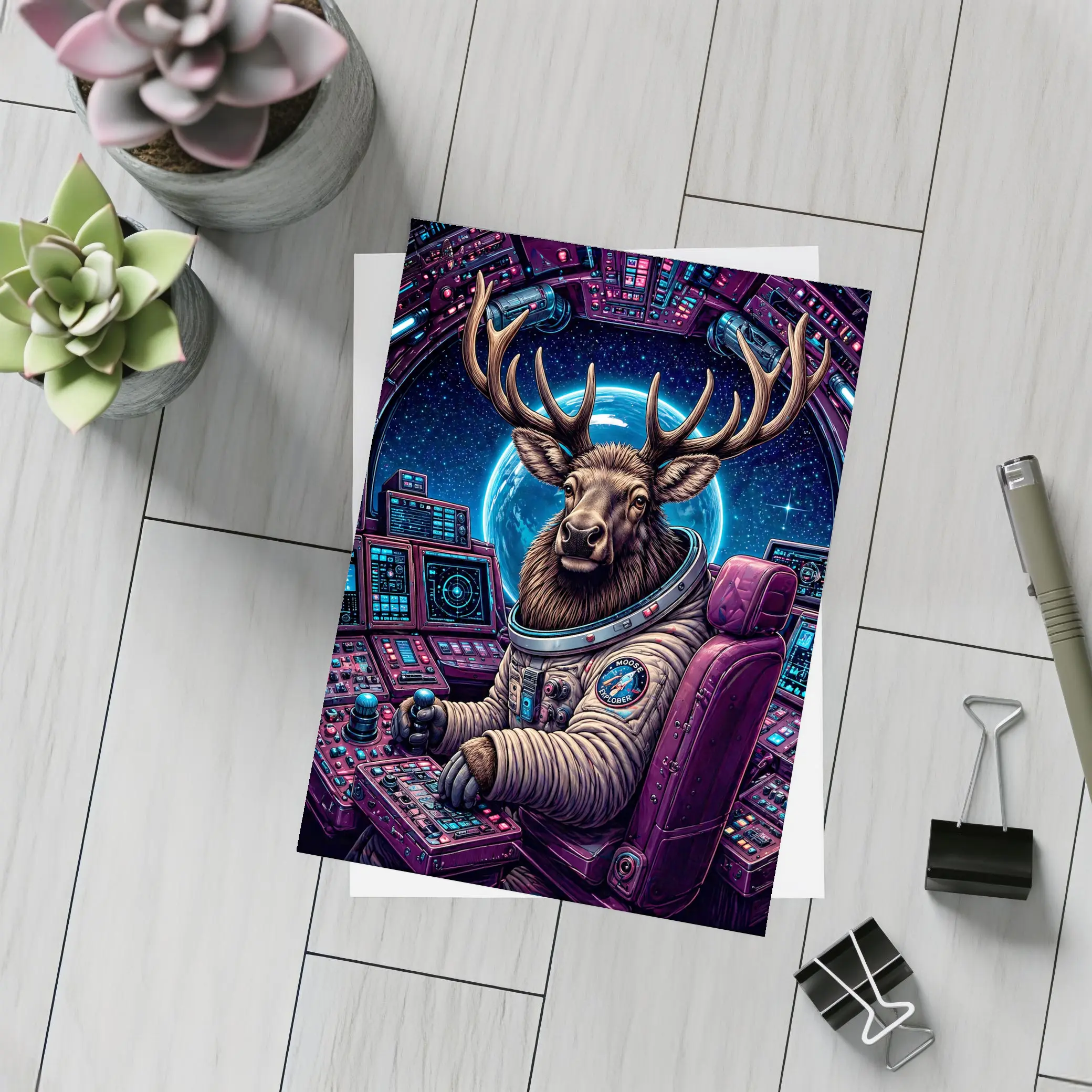 Moose Astronaut Piloting Spaceship In Space – Postcards