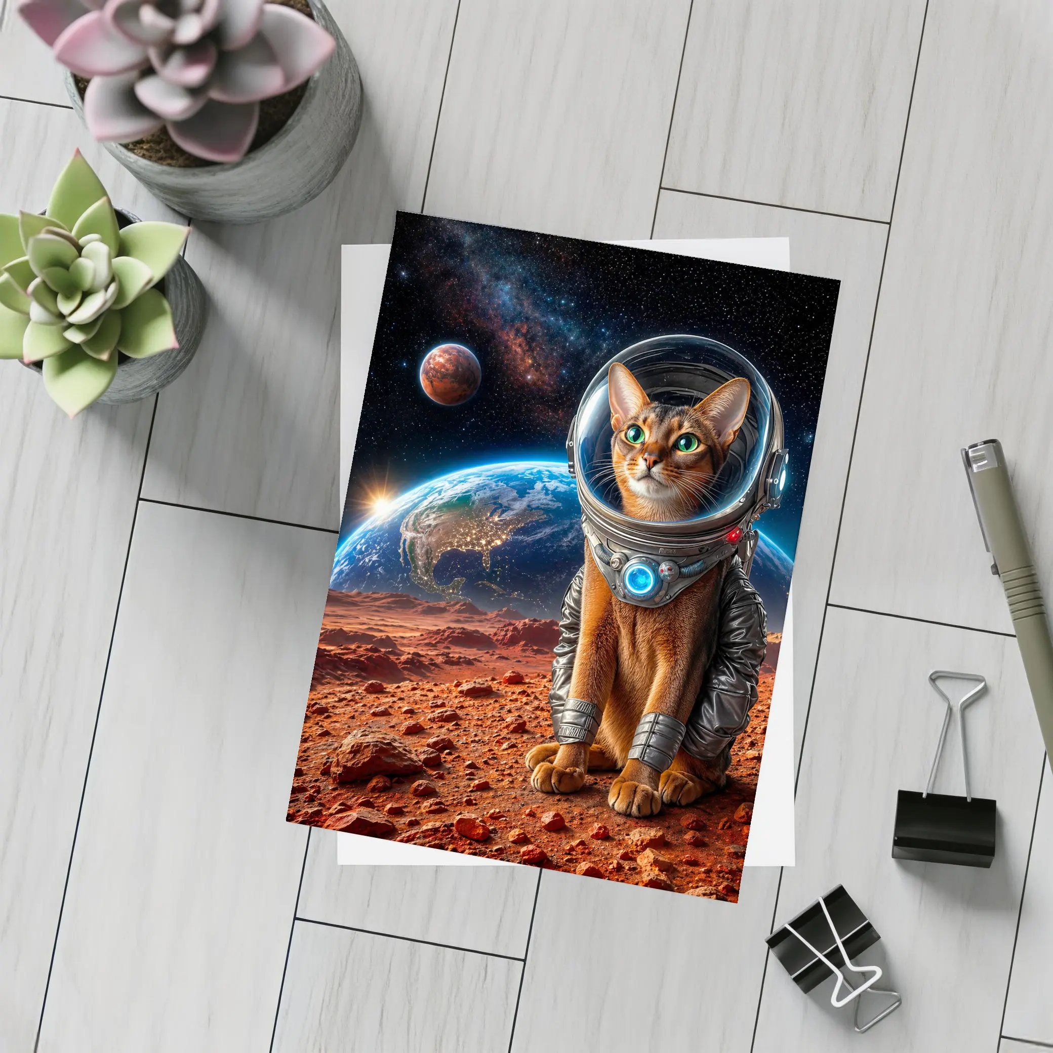 Abyssinian Cat Astronaut on Mars Surface – Postcards