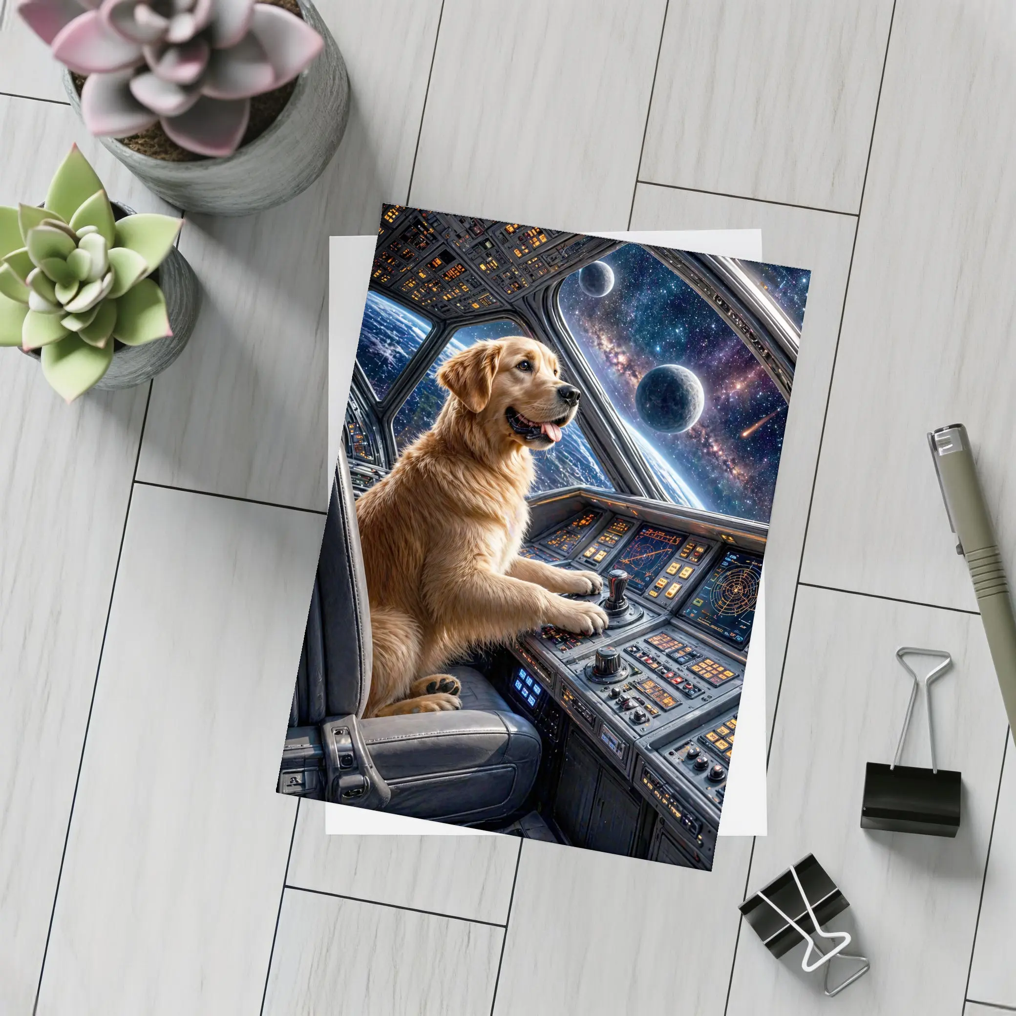 Golden Retriever Pilot Spaceship Galaxy View – Postcards