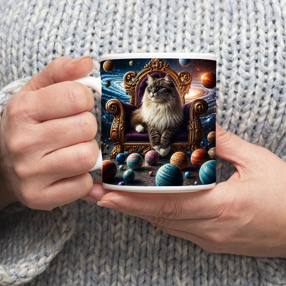 Ragdoll Cat Seated On Cosmic Galaxy Throne – Mugs