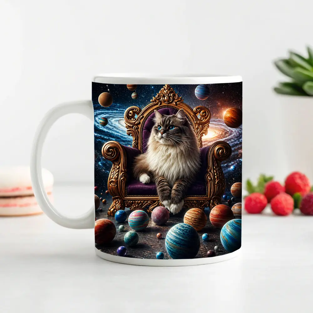 Ragdoll Cat Seated On Cosmic Galaxy Throne – Mugs