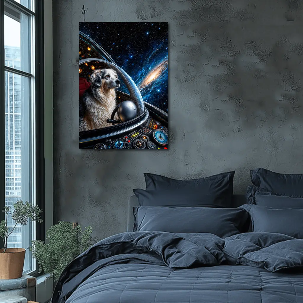 Dog Astronaut Piloting Spaceship Through Galaxy – Wall Art
