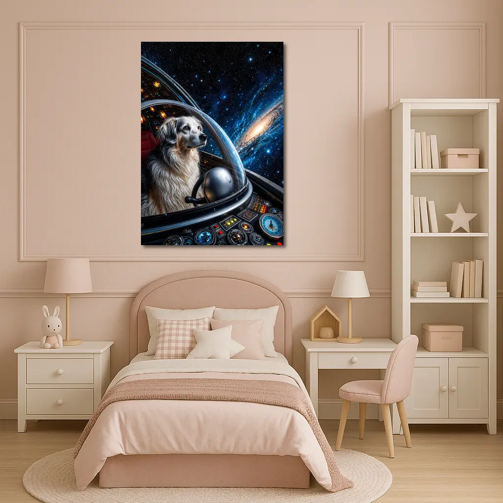 Dog Astronaut Piloting Spaceship Through Galaxy – Wall Art
