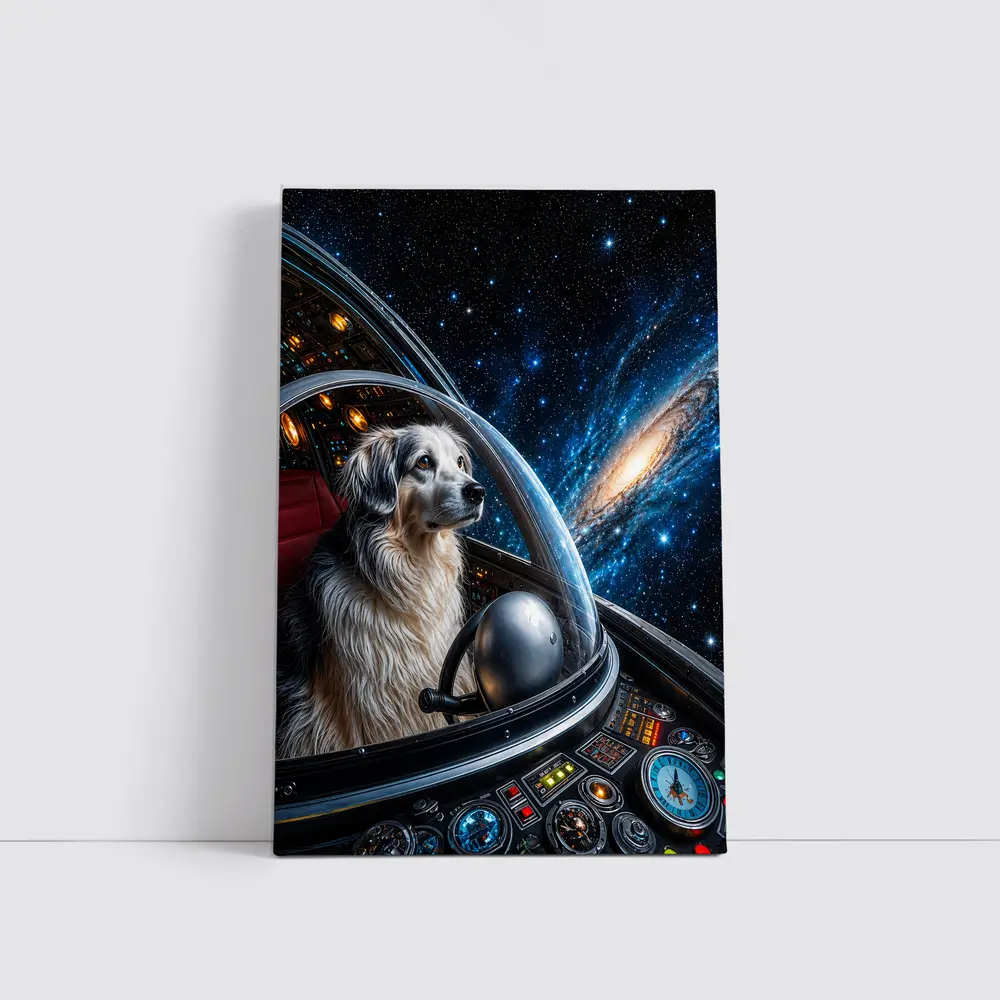 Dog Astronaut Piloting Spaceship Through Galaxy – Wall Art