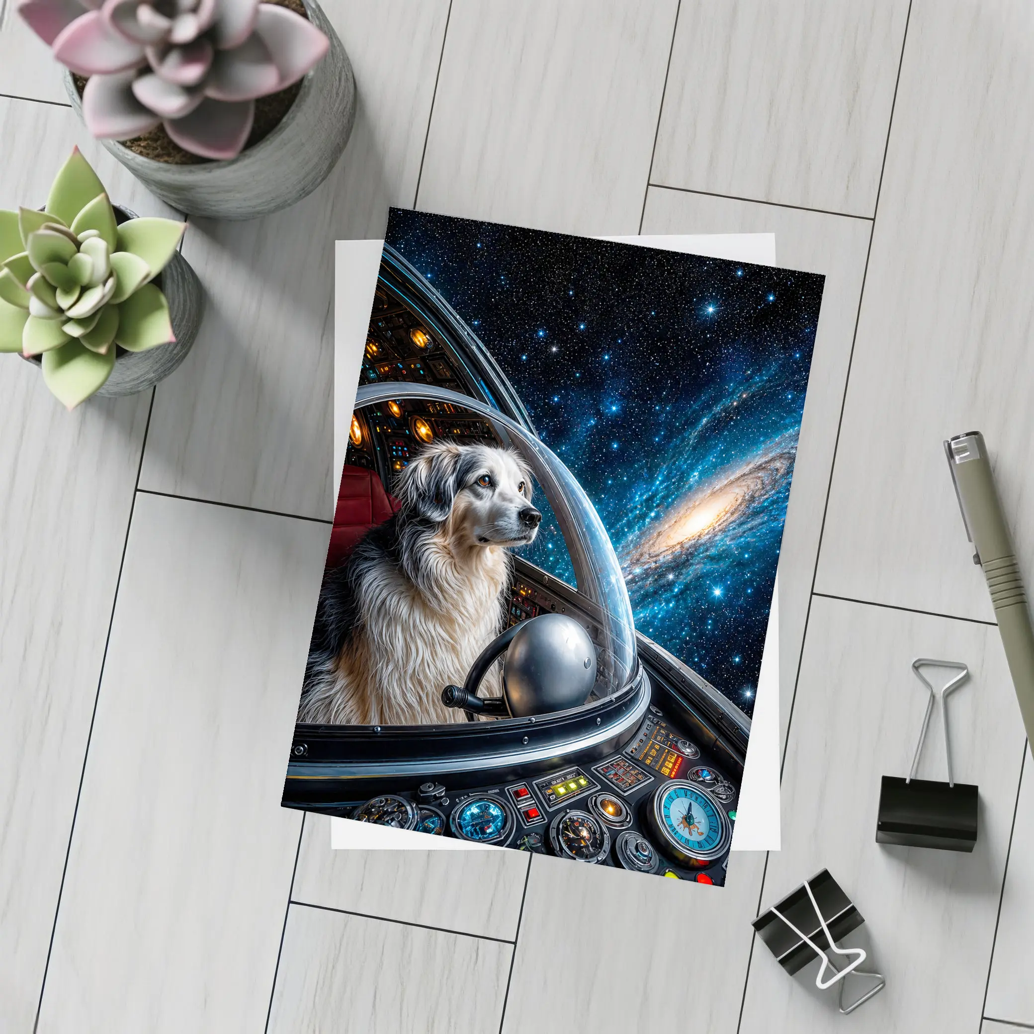 Dog Astronaut Piloting Spaceship Through Galaxy – Postcards