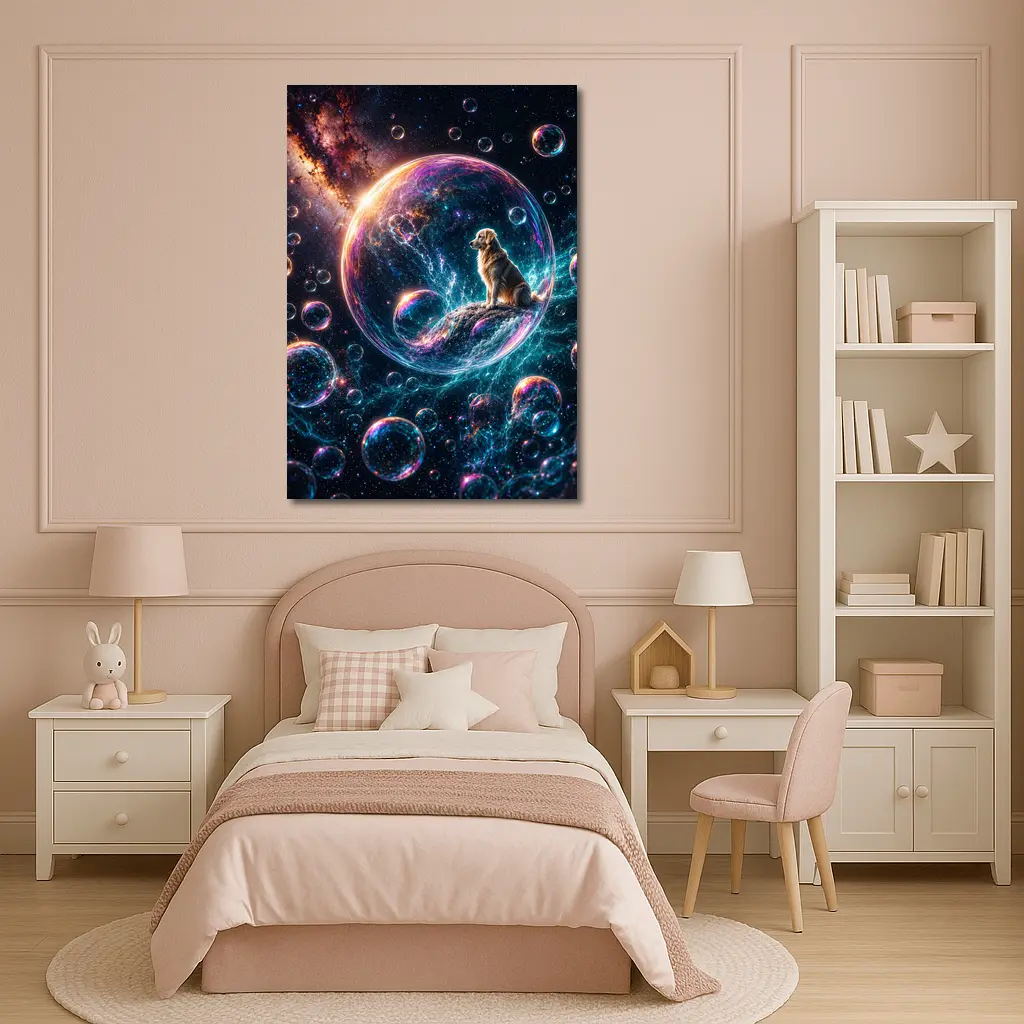 Golden Retriever Sitting in Cosmic Soap Bubble – Wall Art