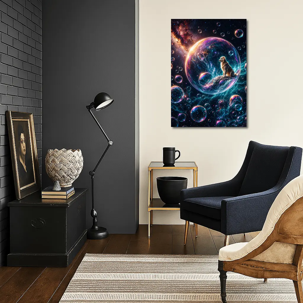 Golden Retriever Sitting in Cosmic Soap Bubble – Wall Art