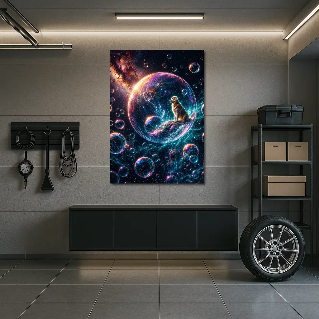 Golden Retriever Sitting in Cosmic Soap Bubble – Wall Art
