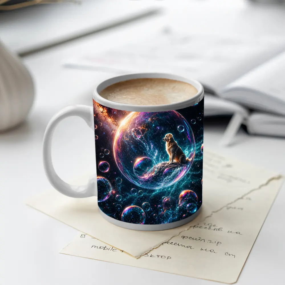 Golden Retriever Sitting in Cosmic Soap Bubble – Mugs
