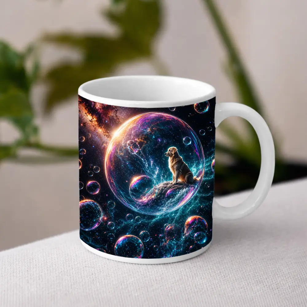 Golden Retriever Sitting in Cosmic Soap Bubble – Mugs