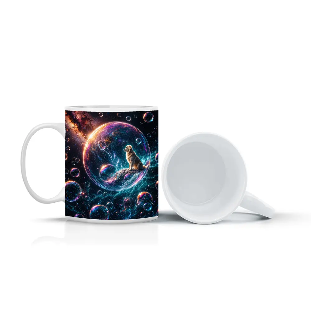 Golden Retriever Sitting in Cosmic Soap Bubble – Mugs
