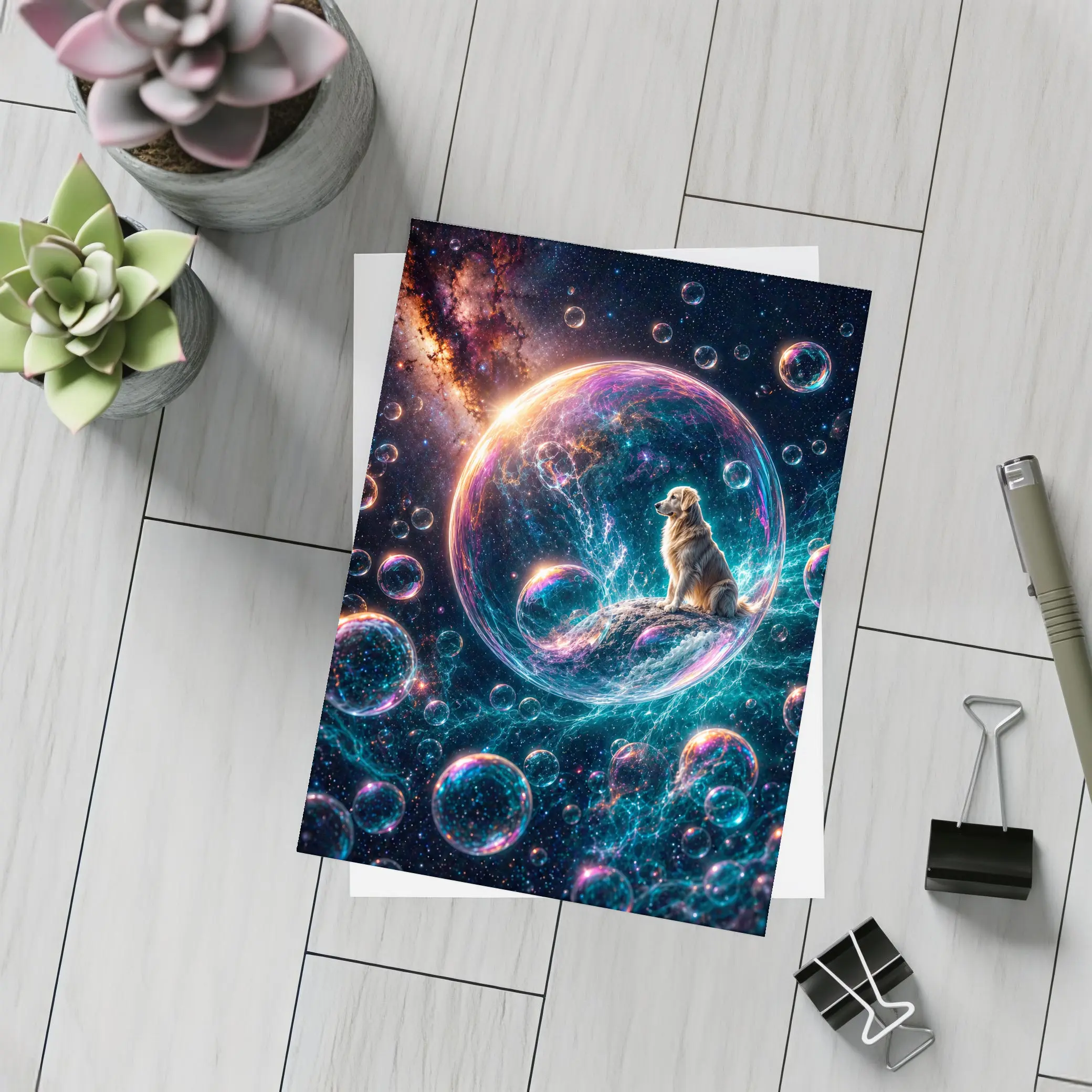 Golden Retriever Sitting in Cosmic Soap Bubble – Postcards