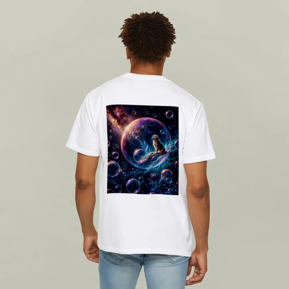 Golden Retriever Sitting in Cosmic Soap Bubble – T-Shirts